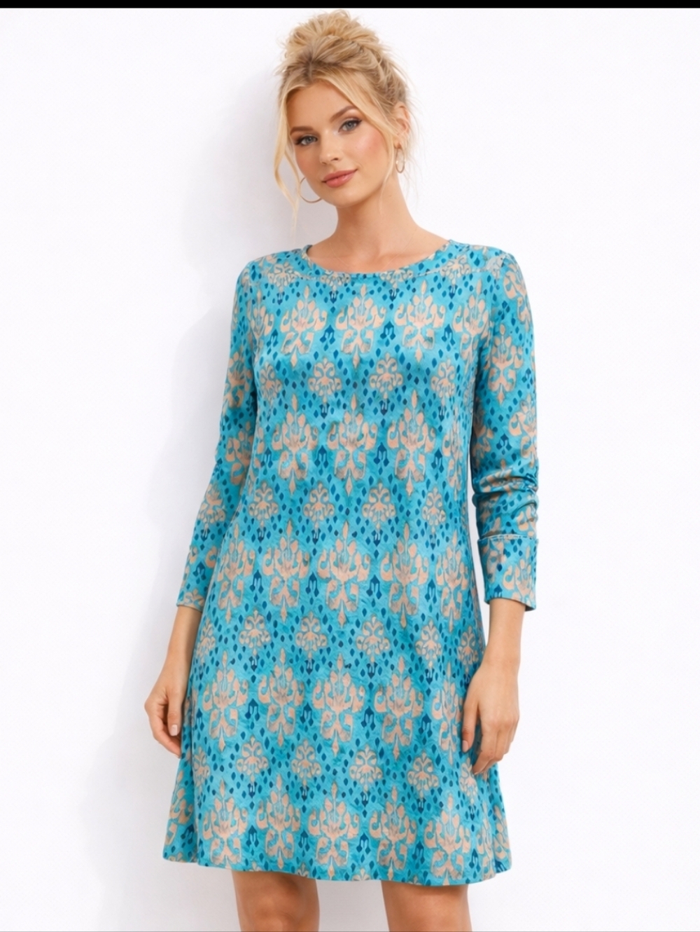All For Color Teal Blue Patterned Long-Sleeve A-Line Dress (SIZE :LARGE )